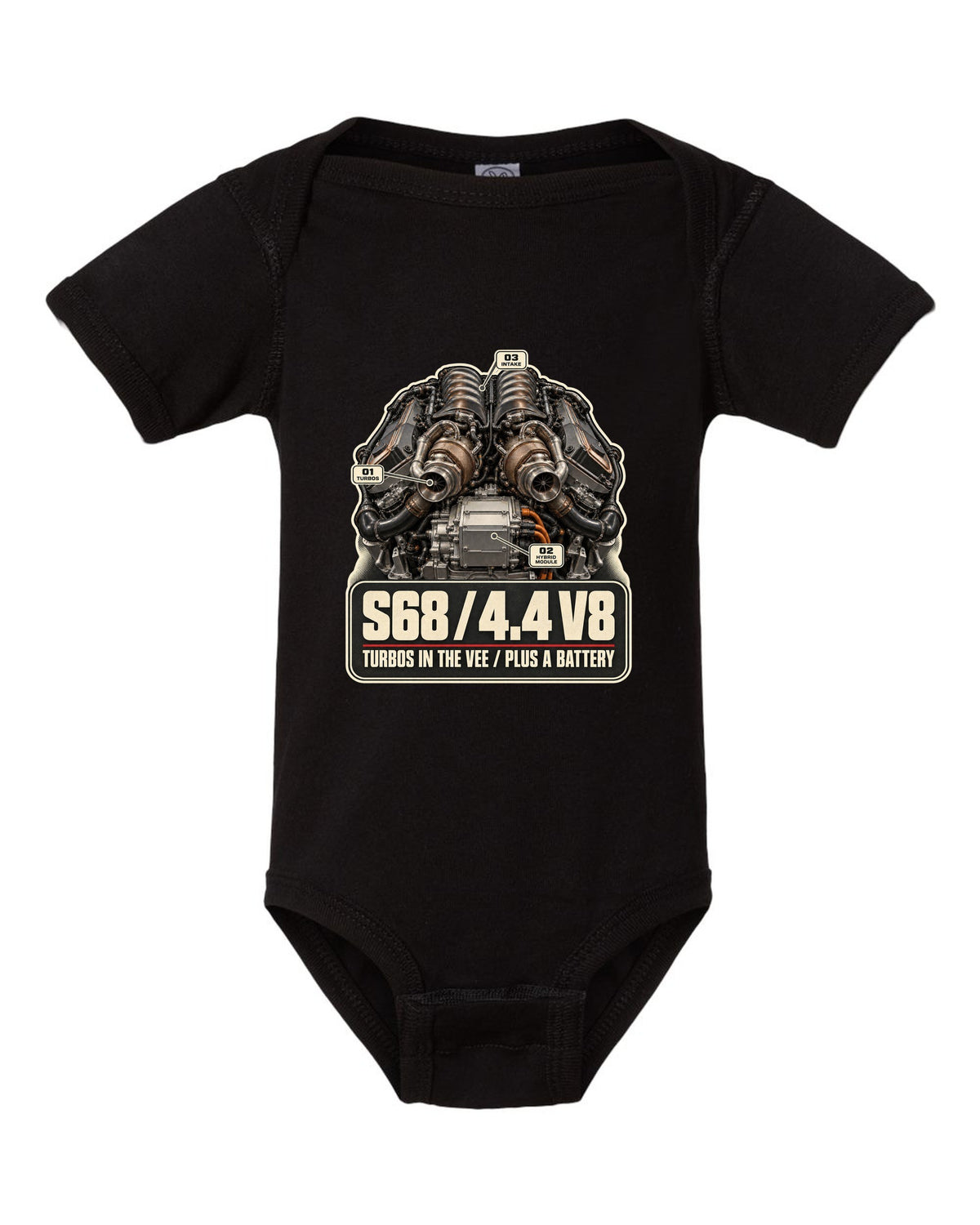 Engine hero print of the S68 4.4 V8 in the BMW XM G09 black baby onesie front view with the design