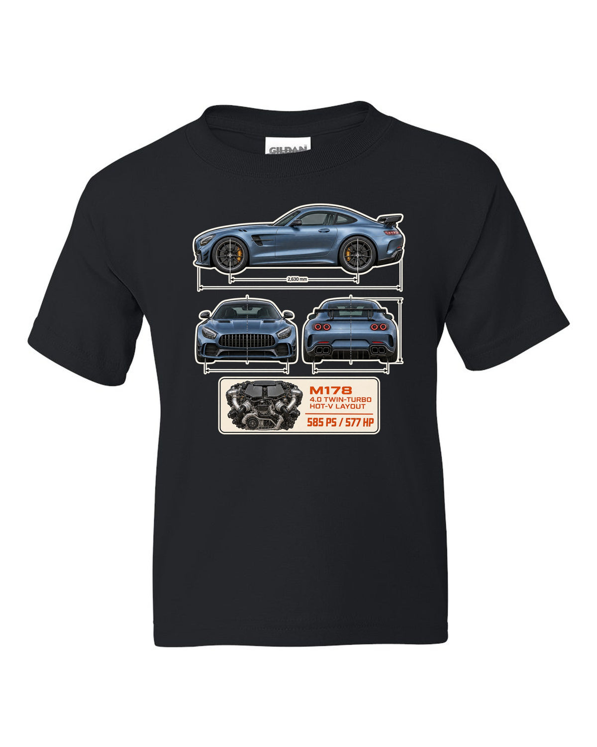 Mercedes-AMG GT R C190 dimension blueprint print black kids tee front view with the design