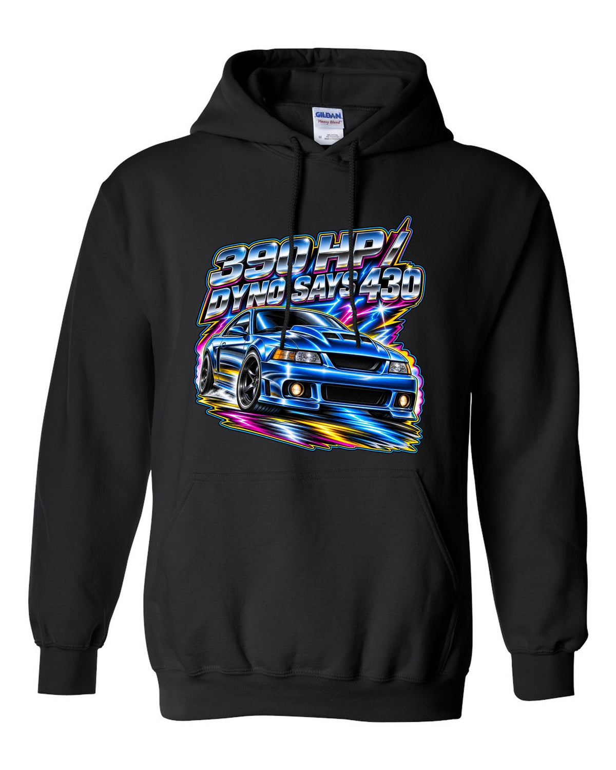 80s airbrush chrome 2003 supercharged Ford Mustang coupe with 390 HP text black pull over hoodie front view with the design