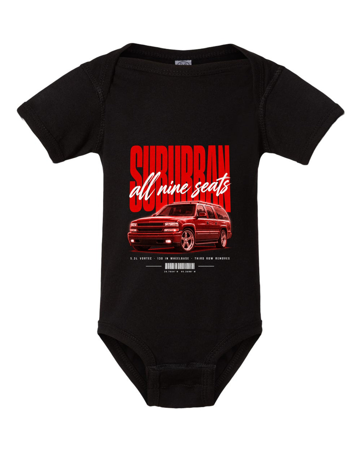 2000-06 Chevy Suburban GMT800 street poster print black baby onesie front view with the design