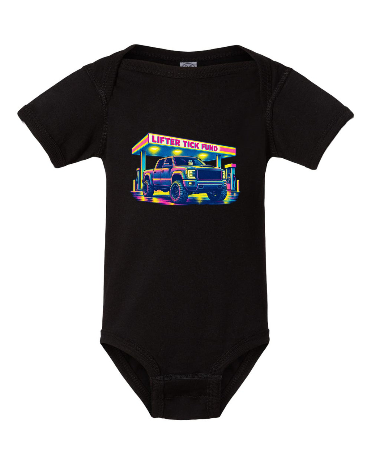 Risograph print of a 2007-2013 Chevrolet Silverado GMT900 with Lifter Tick Fund text black baby onesie front view with the design