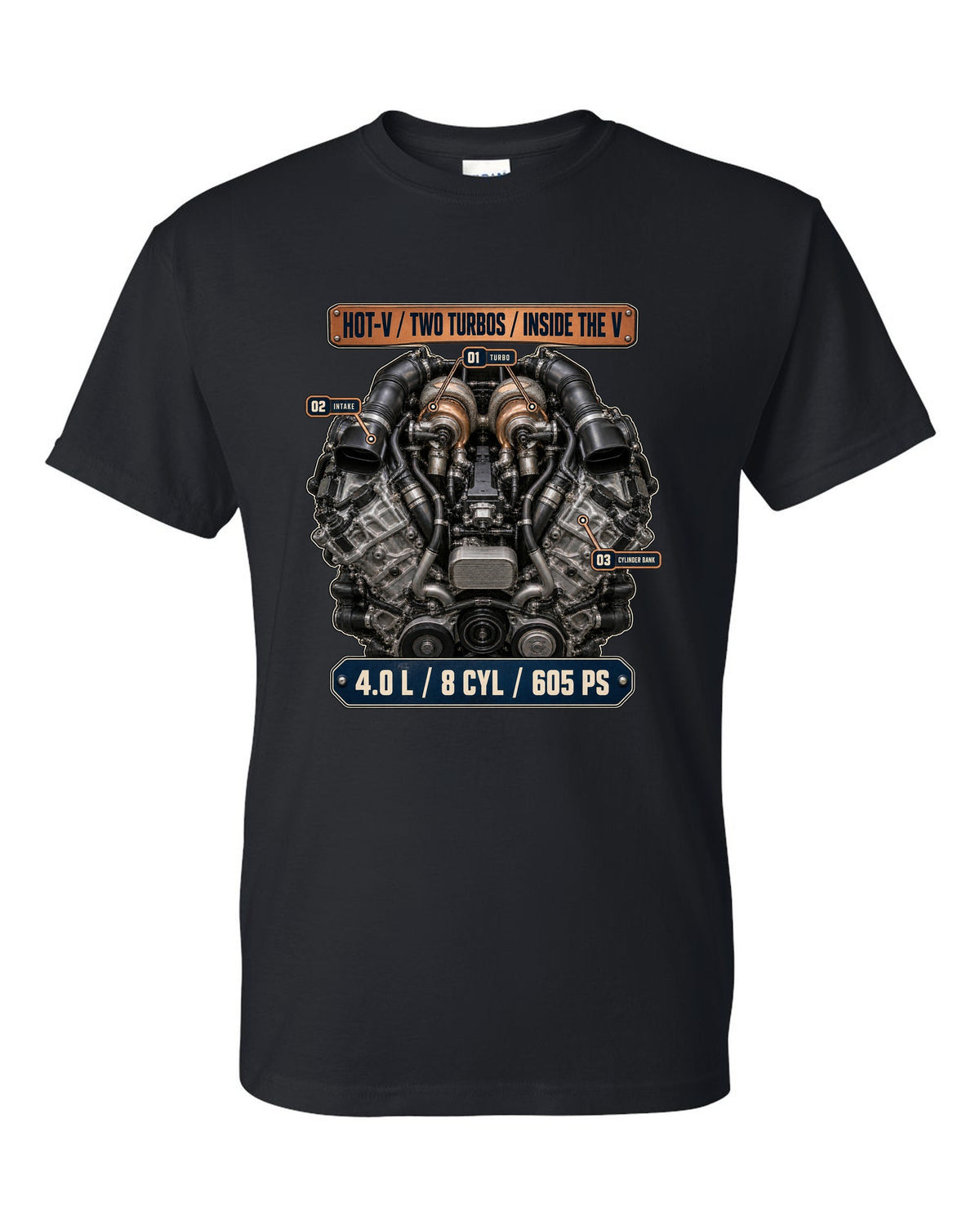 Audi RS7 4.0 TFSI engine bay hero print black t-shirt front view with the design