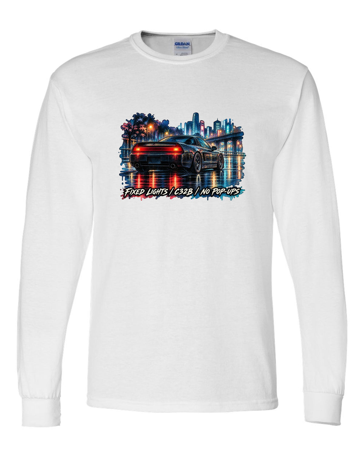 Watercolour wet-road night print of a Honda NSX NA2 with fixed lights C32B no pop-ups text white long sleeve front view with the design