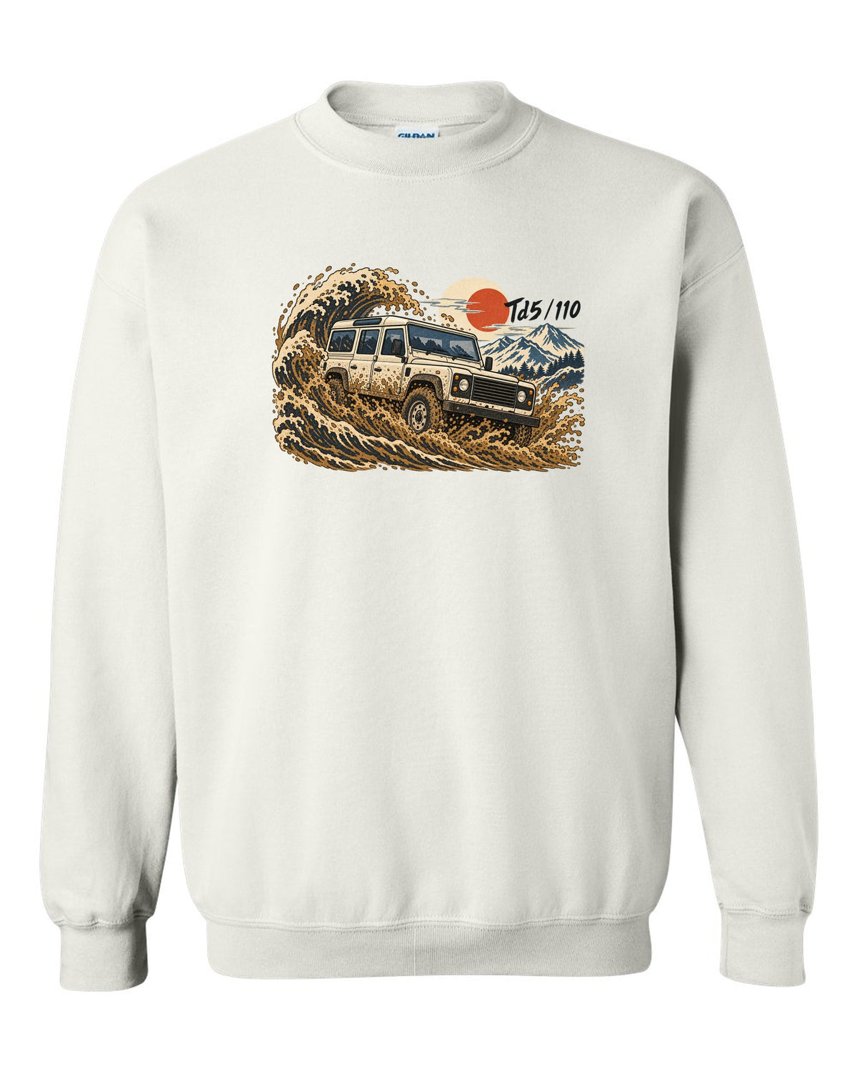 Ukiyo-e woodblock print of a Land Rover Defender 110 Td5 driving through a wave of mud white crewneck front view with the design
