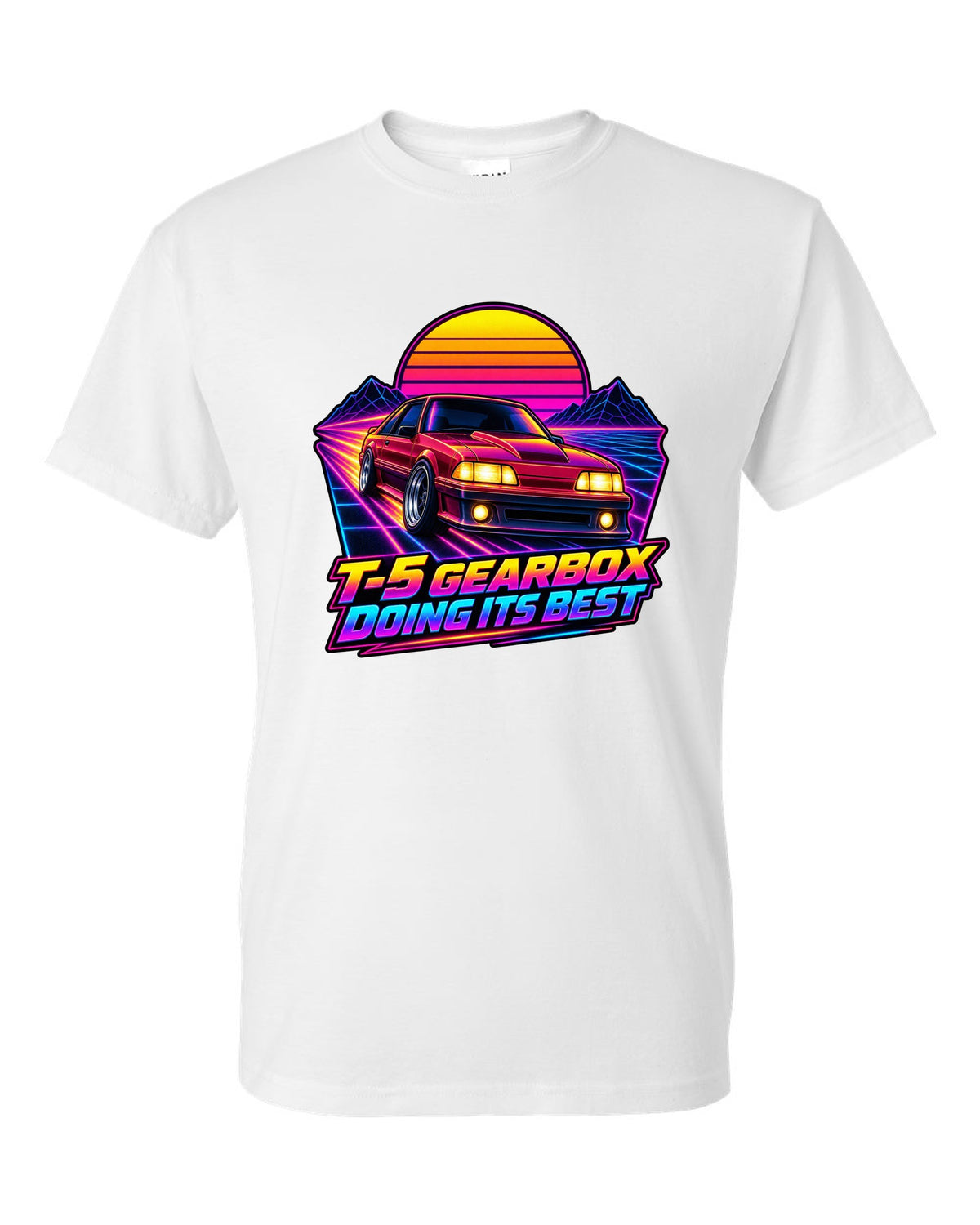 Synthwave sunset grid print of a Ford Mustang Fox Body GT with T-5 gearbox text white t-shirt front view with the design