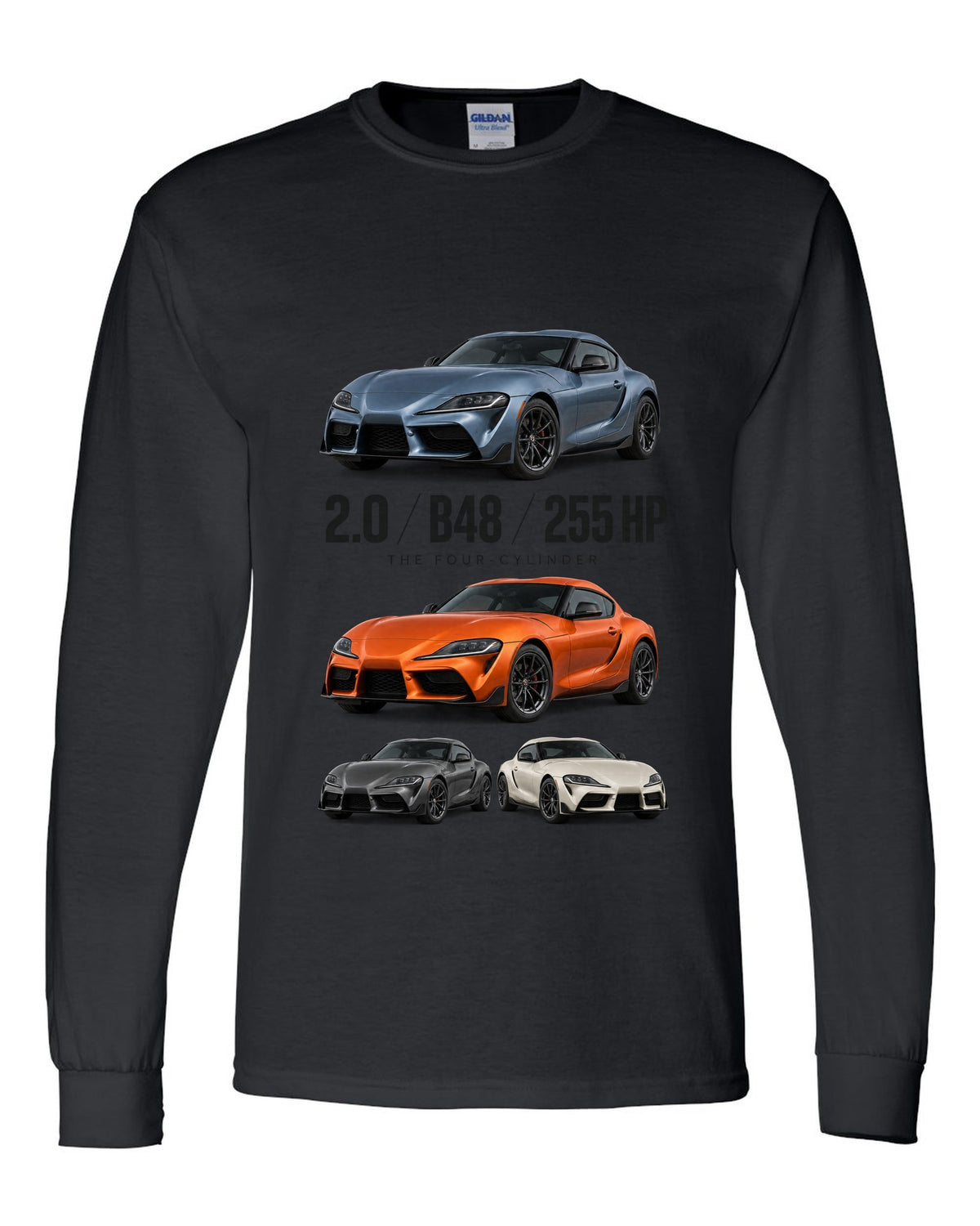 Steel blue Toyota GR Supra 2.0 spec poster with B48 and 255 HP text black long sleeve front view with the design