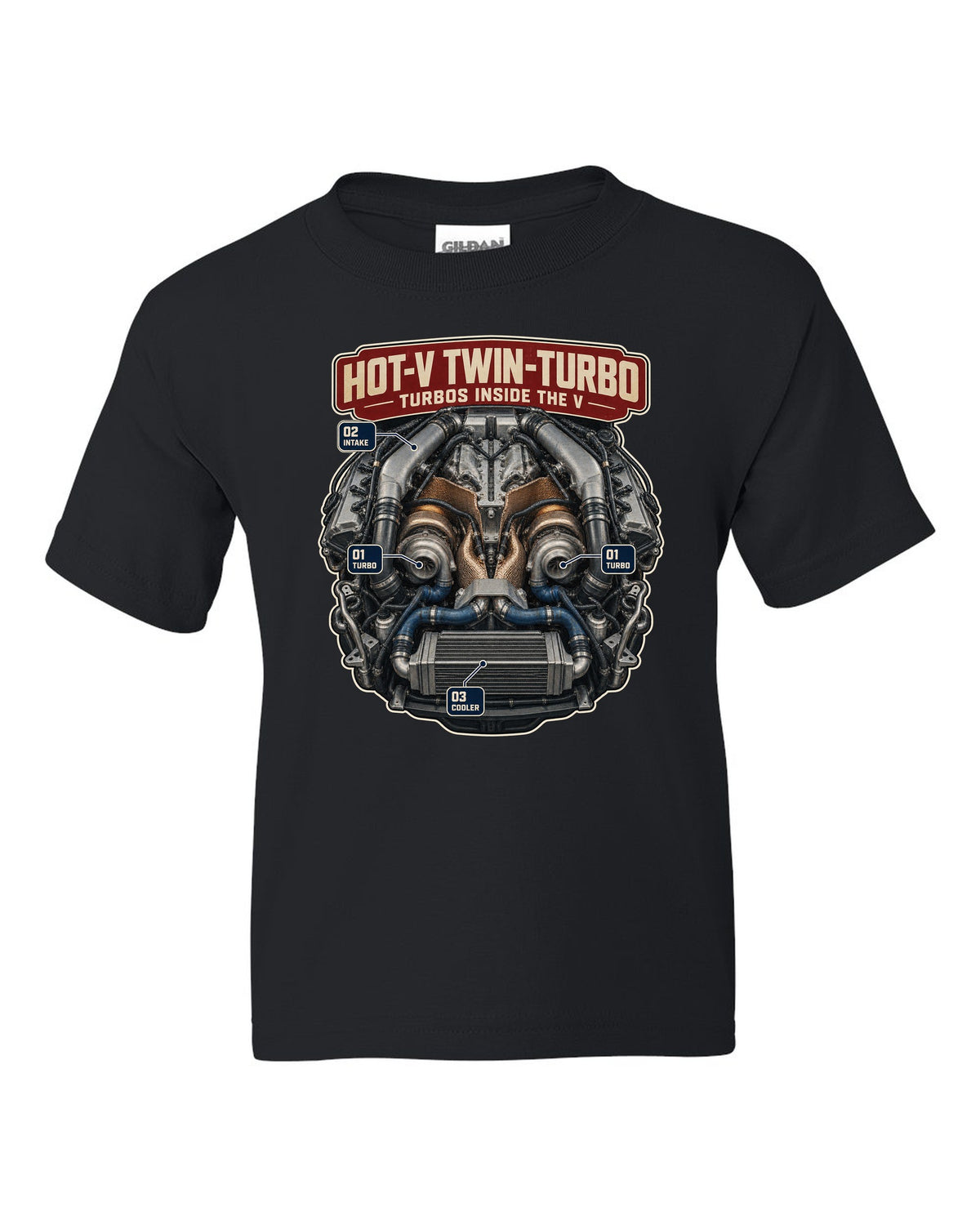Engine poster of the Audi RS6 Avant C8 twin-turbo V8 with turbos inside the V black kids tee front view with the design