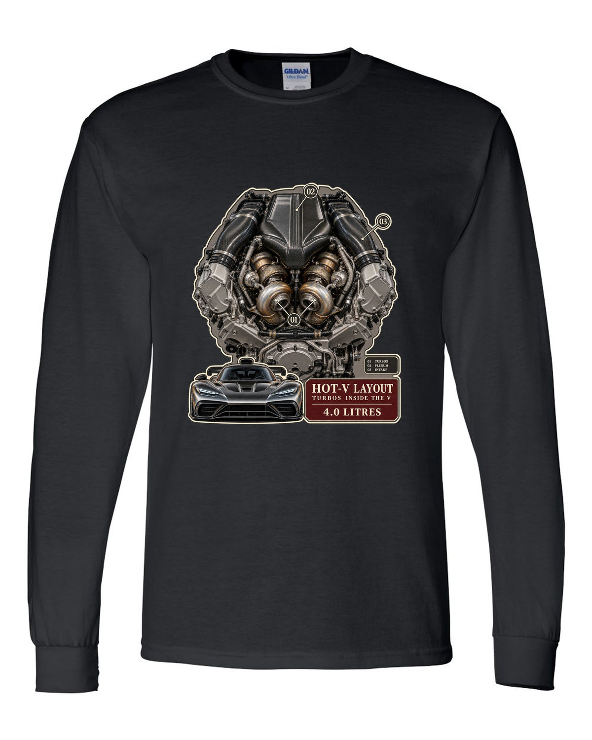 Mercedes-AMG GT 63 M178 4.0 litre biturbo V8 engine illustration black long sleeve front view with the design