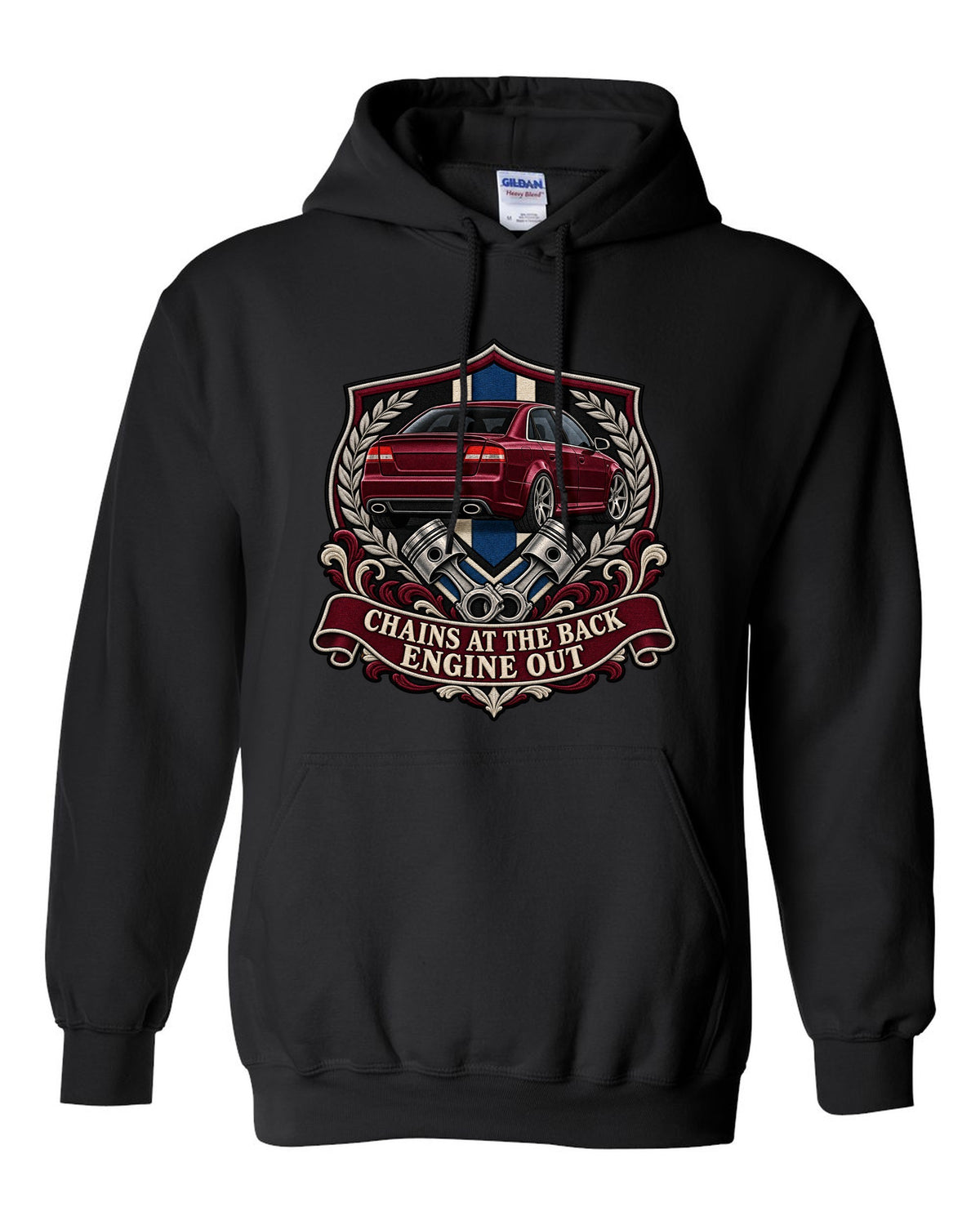 Varsity seal print of an Audi S4 B7 sedan with Engine Out text black pull over hoodie front view with the design