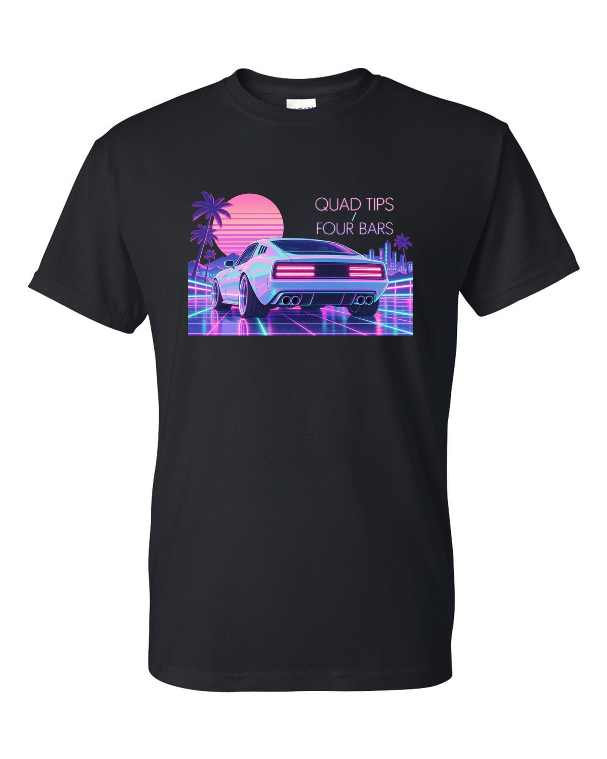 Kia Stinger GT CK vaporwave pastel rear view print with quad tips and four bars text black t-shirt front view with the design