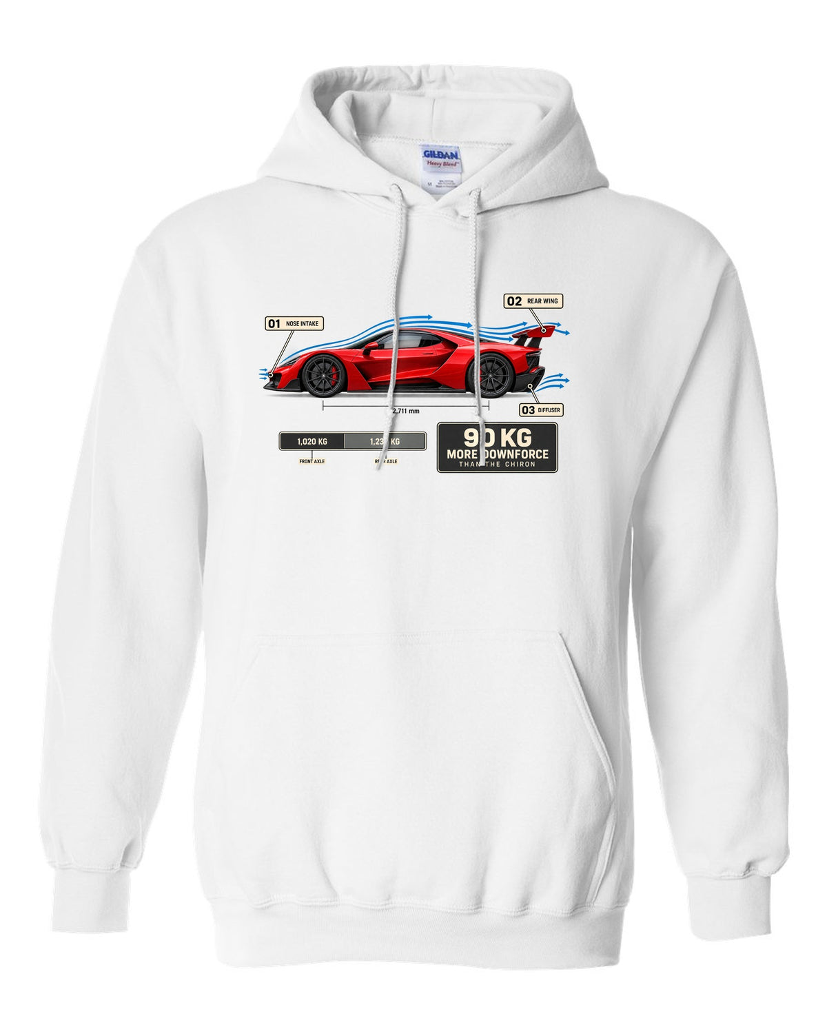 Bugatti Divo aero callouts diagram print about downforce versus Chiron white pull over hoodie front view with the design