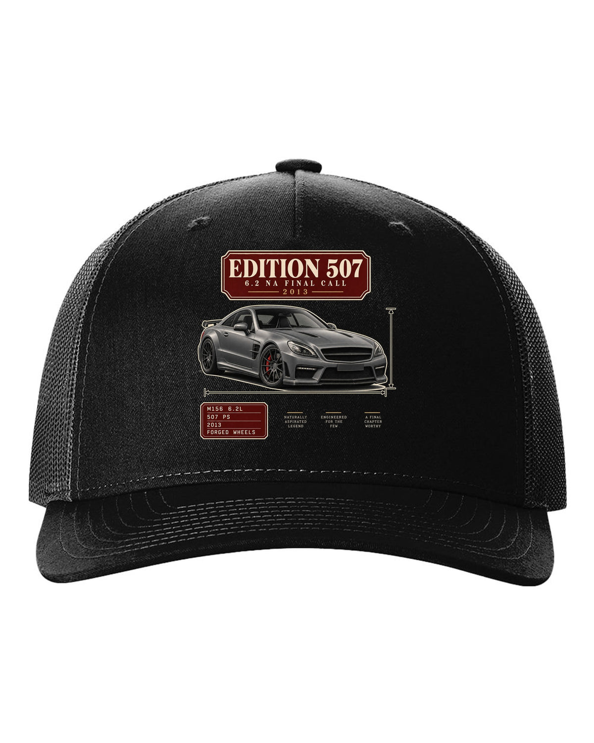 Archive panel print of a matte grey Mercedes-AMG C63 Edition 507 C204 black hat front view with the design