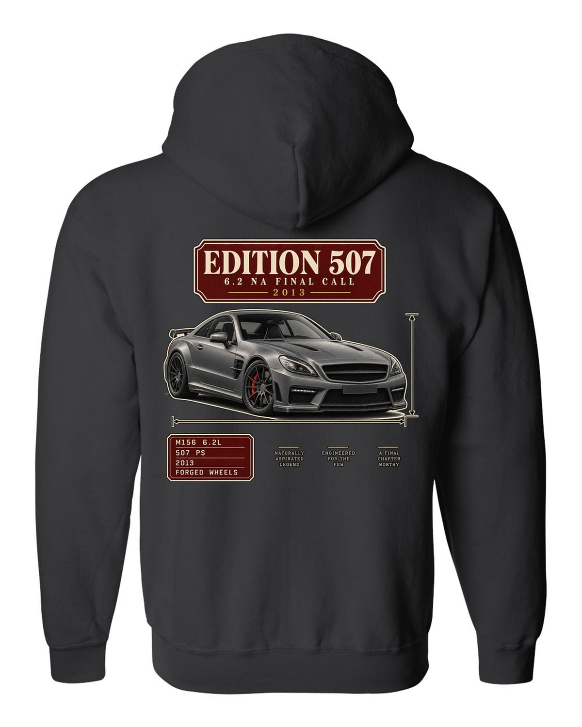 Archive panel print of a matte grey Mercedes-AMG C63 Edition 507 C204 black zip hoodie back view with the design