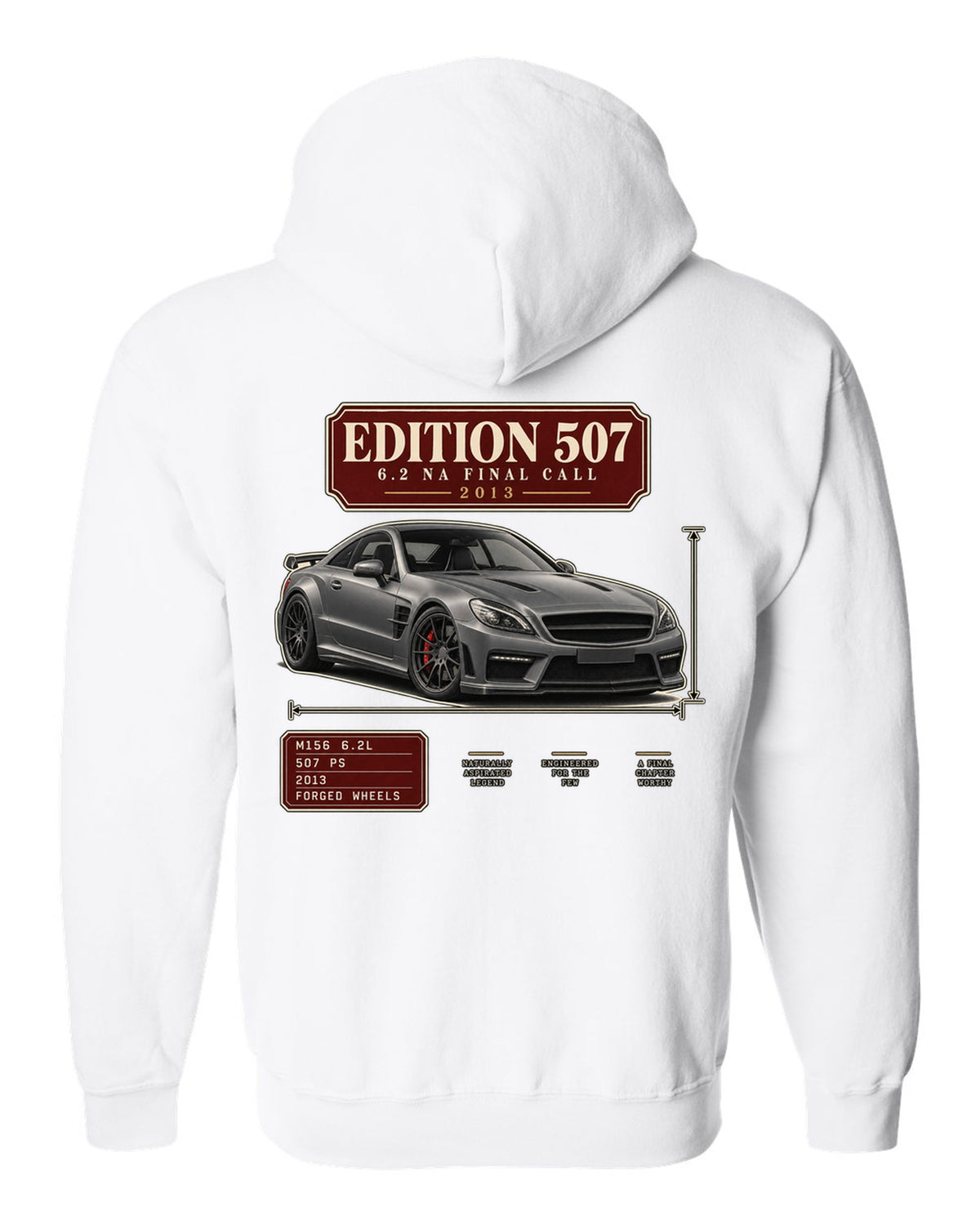 Archive panel print of a matte grey Mercedes-AMG C63 Edition 507 C204 white zip hoodie back view with the design