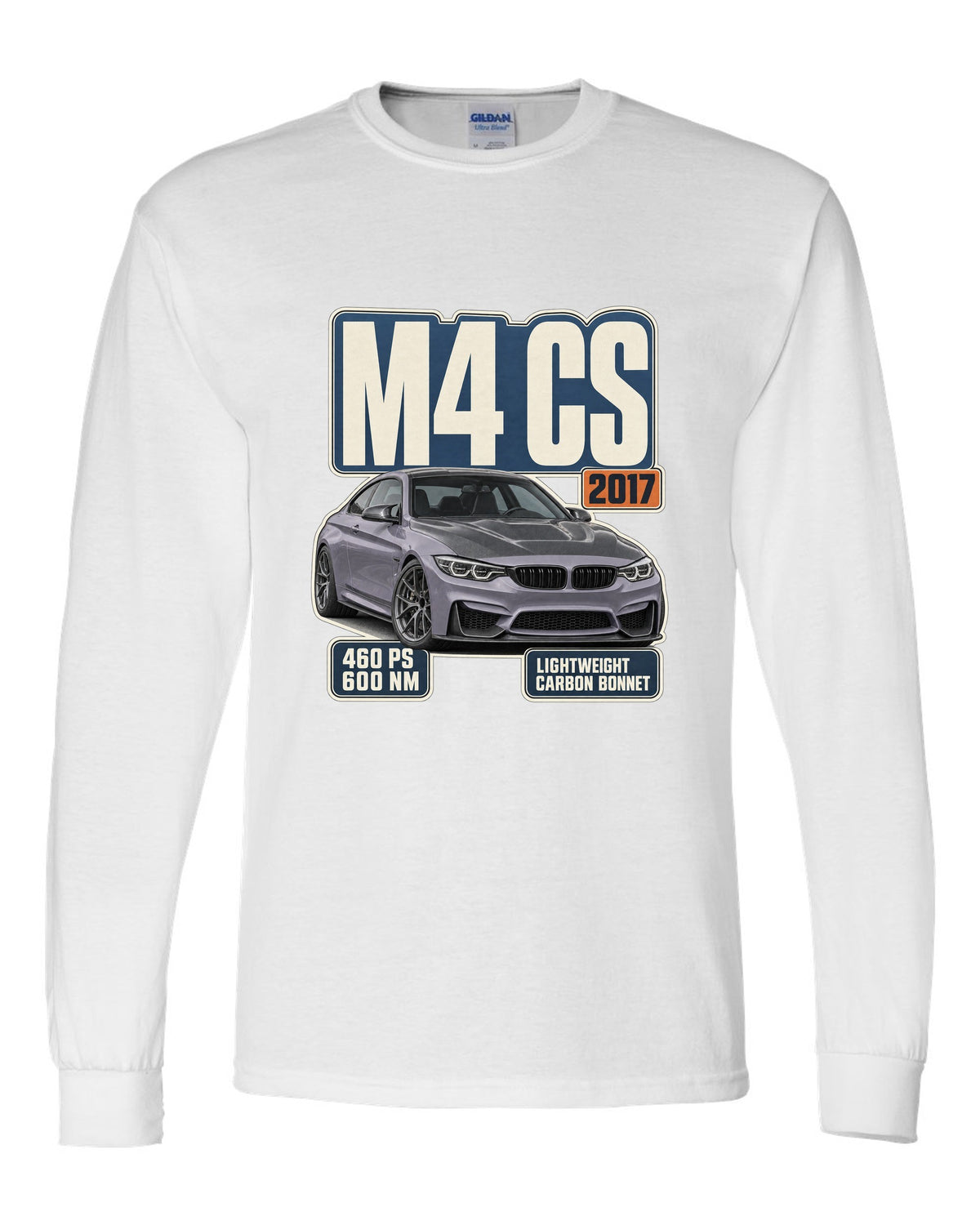 BMW M4 CS F82 editorial headline print design white long sleeve front view with the design