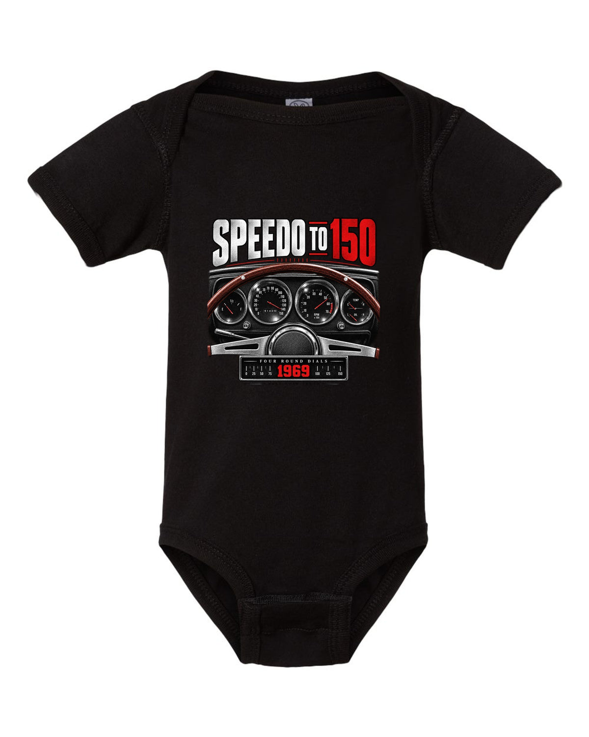 Cockpit gauge print of a 1969 Dodge Charger R/T with four round dials and a 150 speedometer black baby onesie front view with the design