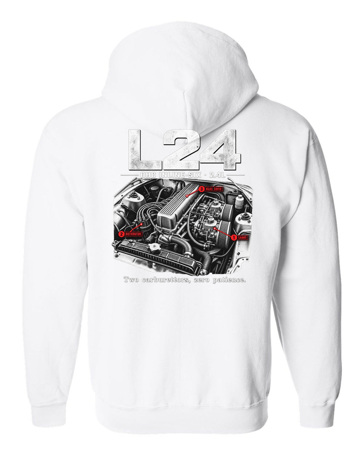 Engine bay print of a Datsun 240Z S30 L24 inline-six with carburettors white zip hoodie back view with the design