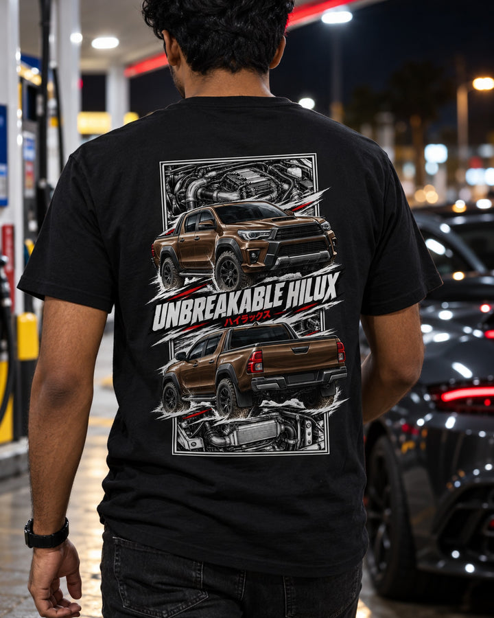 Toyota Hilux Torn Poster Full-Back Graphic Tee T-Shirt Black worn hero