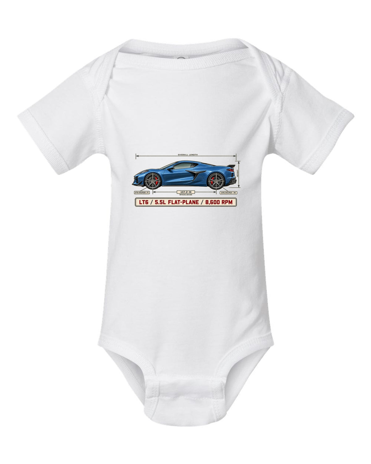 Dimension blueprint print of a Chevrolet Corvette C8 Z06 with LT6 5.5L flat-plane text white baby onesie front view with the design