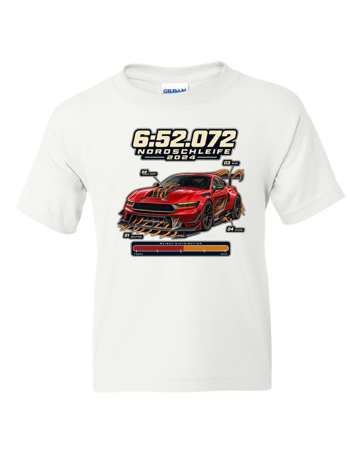 print of a Mustang GTD with aero callouts and 6:52.072 Nordschleife 2024 text white kids tee front view with the design