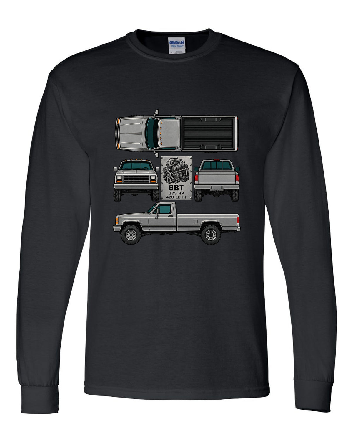 Spec-sheet data plate print of a Dodge Ram D250 6BT Cummins with horsepower and torque black long sleeve front view with the design