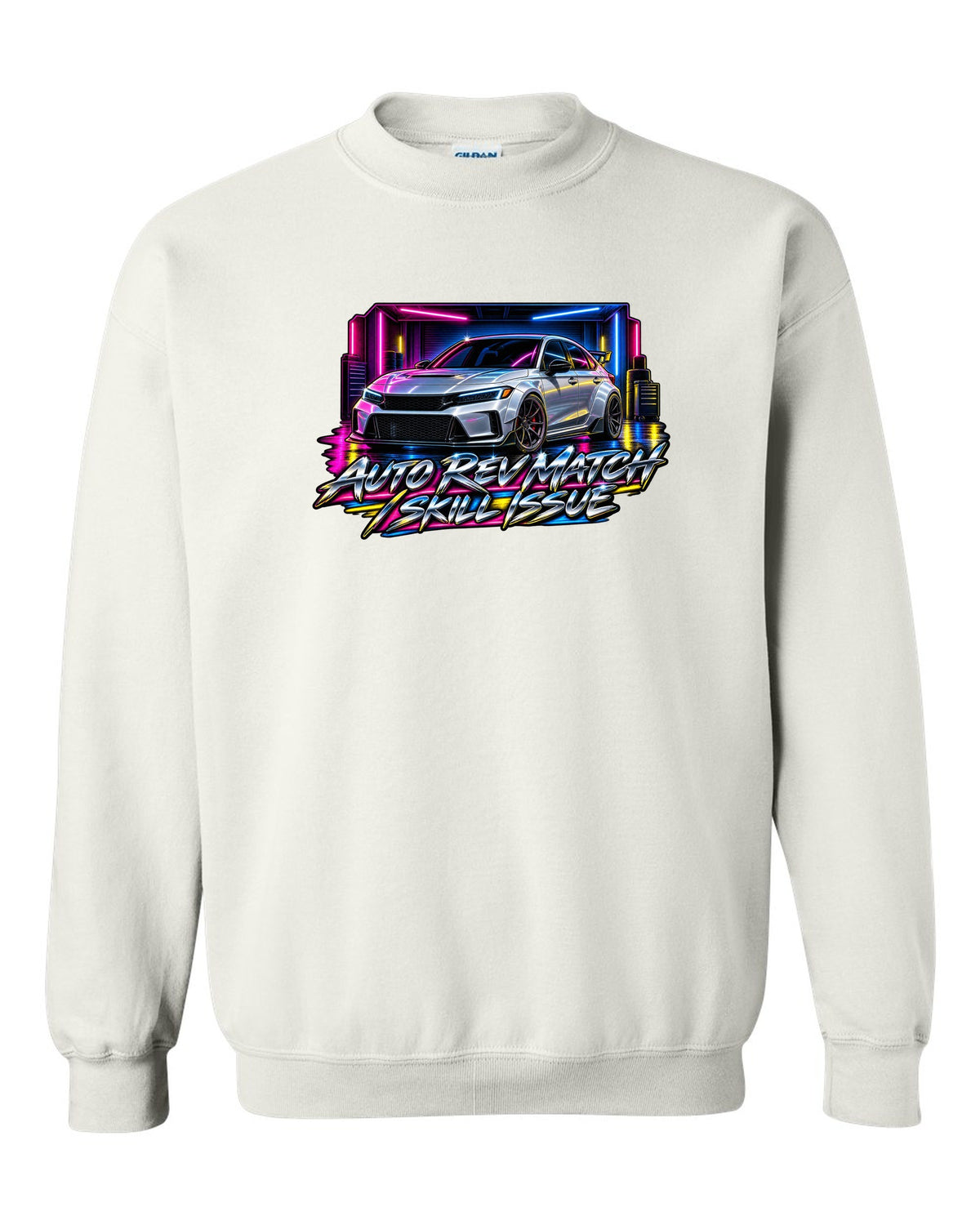 80s airbrush poster style print of a 2023 Honda Civic FL5 ch with auto rev match text white crewneck front view with the design
