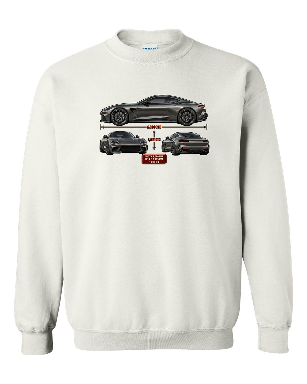 Three-view spec sheet print of the Pagani Utopia coupe with width 2,060 mm, height 1,165 mm, 1,280 kg white crewneck front view with the design