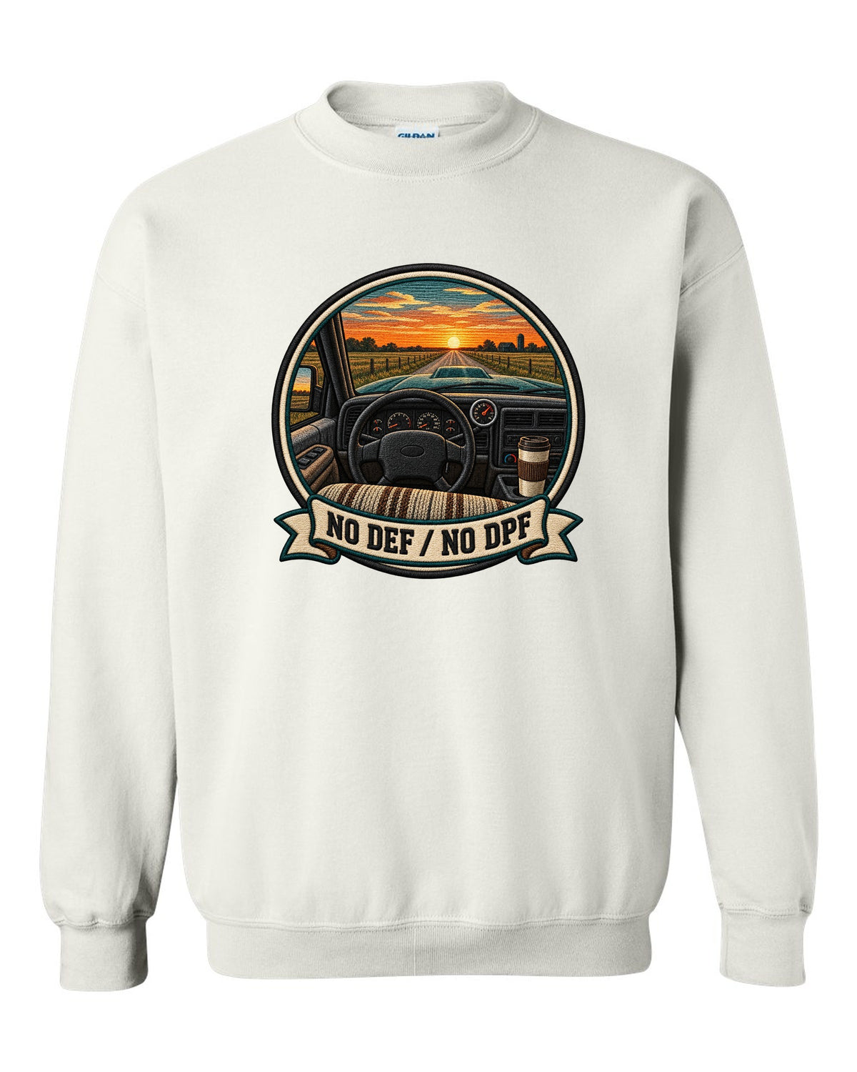 Varsity crest design of a 1998.5-2002 Dodge Ram 2nd gen 24V cab interior with the words No DEF No DPF white crewneck front view with the design