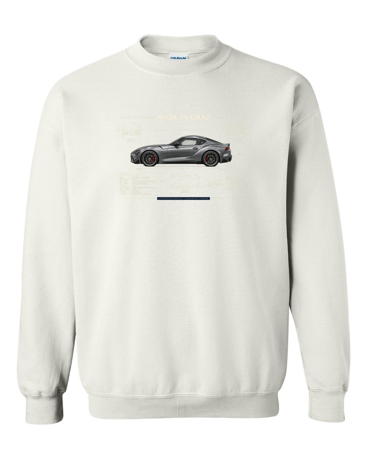Steel blue Toyota GR Supra 3.0 with aero airflow callouts and 50:50 weight text white crewneck front view with the design