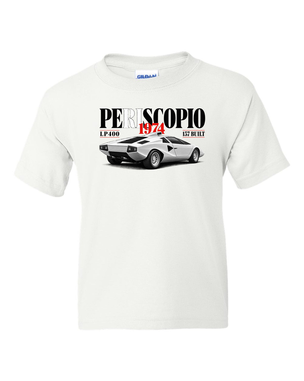 Editorial print of a Lamborghini Countach LP400 with periscopio and 157 built text white kids tee front view with the design