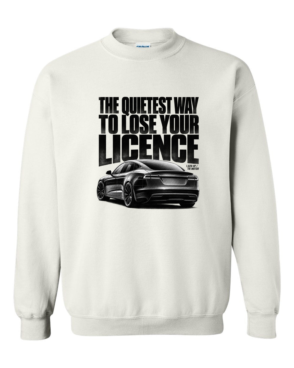 Halftone print of a Tesla Model S Plaid rear three-quarter view white crewneck front view with the design