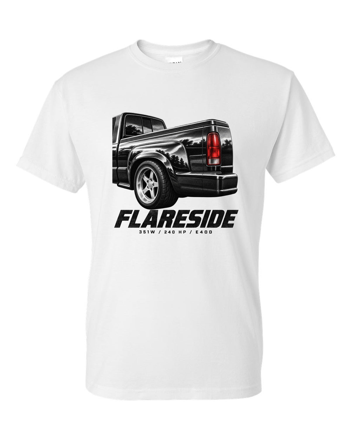 Ford F-150 SVT Lightning 1993-95 flareside taillight macro print with 351W and 240 HP white t-shirt front view with the design