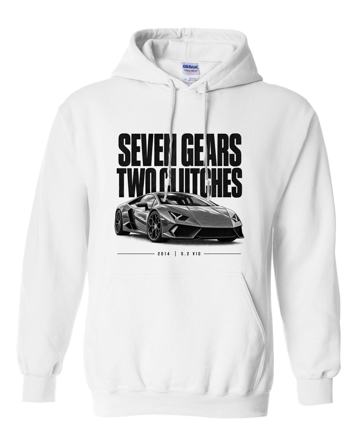 Halftone statement print of a Lamborghini Huracan LP610-4 with Seven Gears, Two Clutches text white pull over hoodie front view with the design