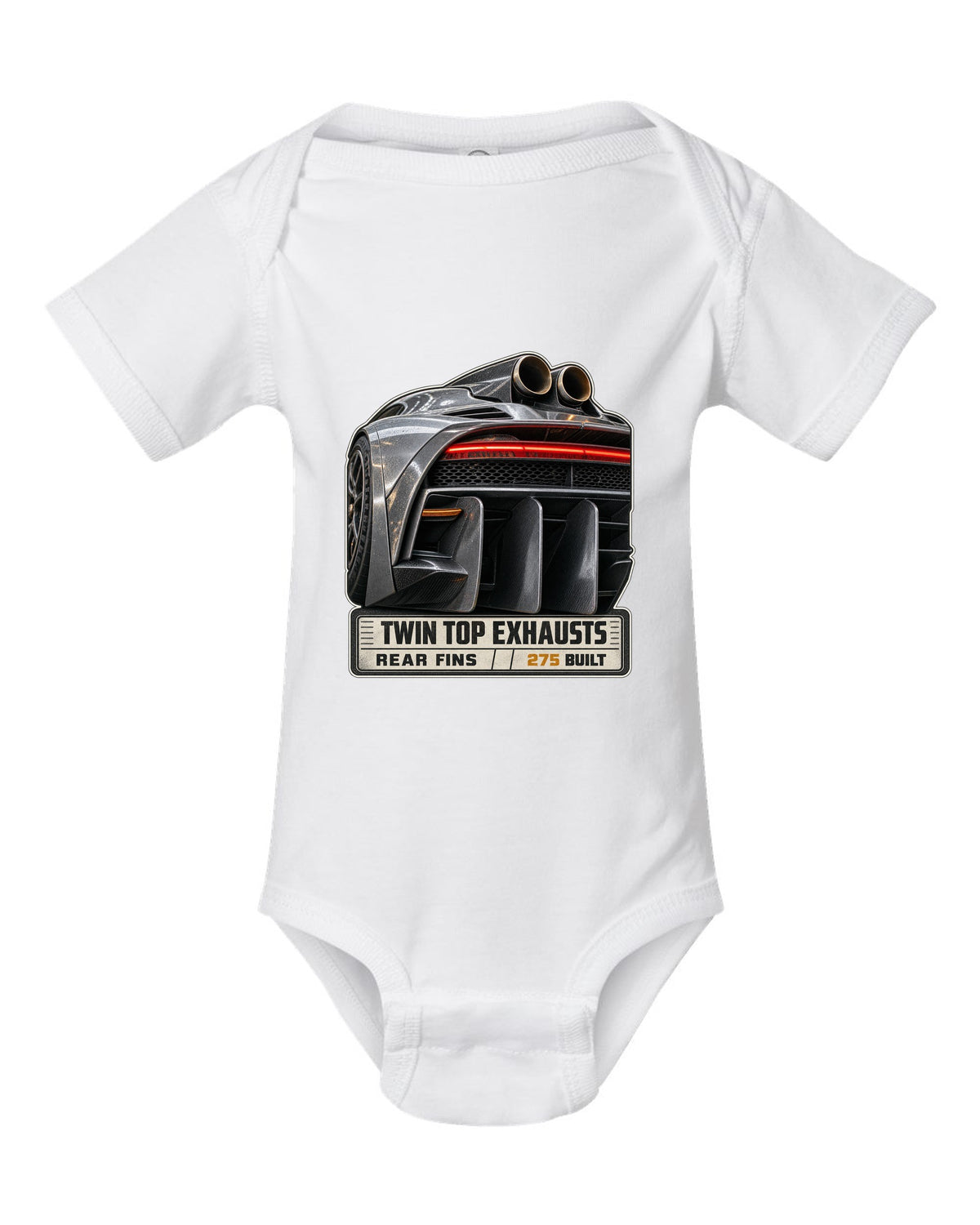 Mercedes-AMG One rear taillight and twin top exhaust macro white baby onesie front view with the design