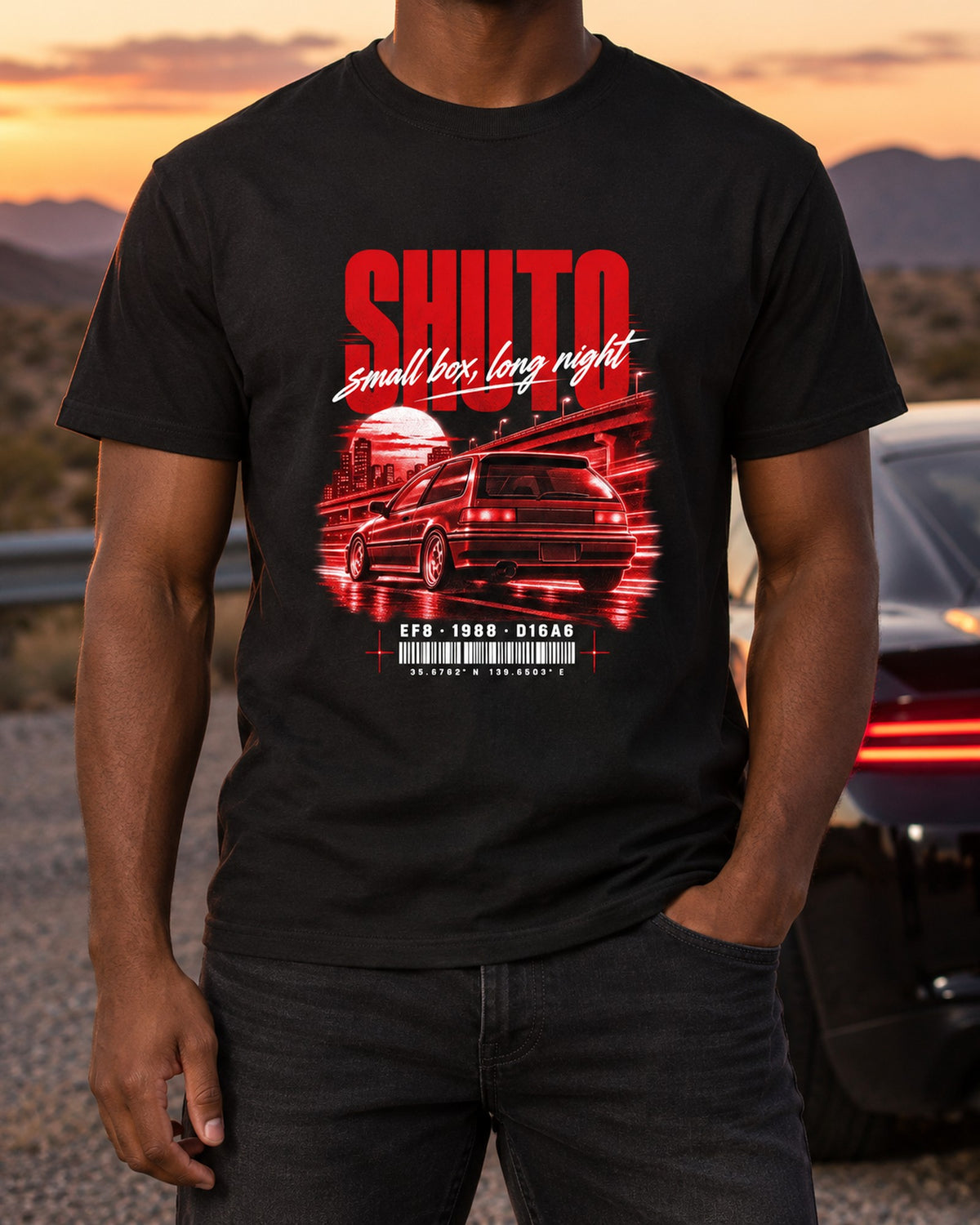 Honda CRX EF8 Si Shuto Night Street Poster Tee, D16A6 T-Shirt Black worn hero