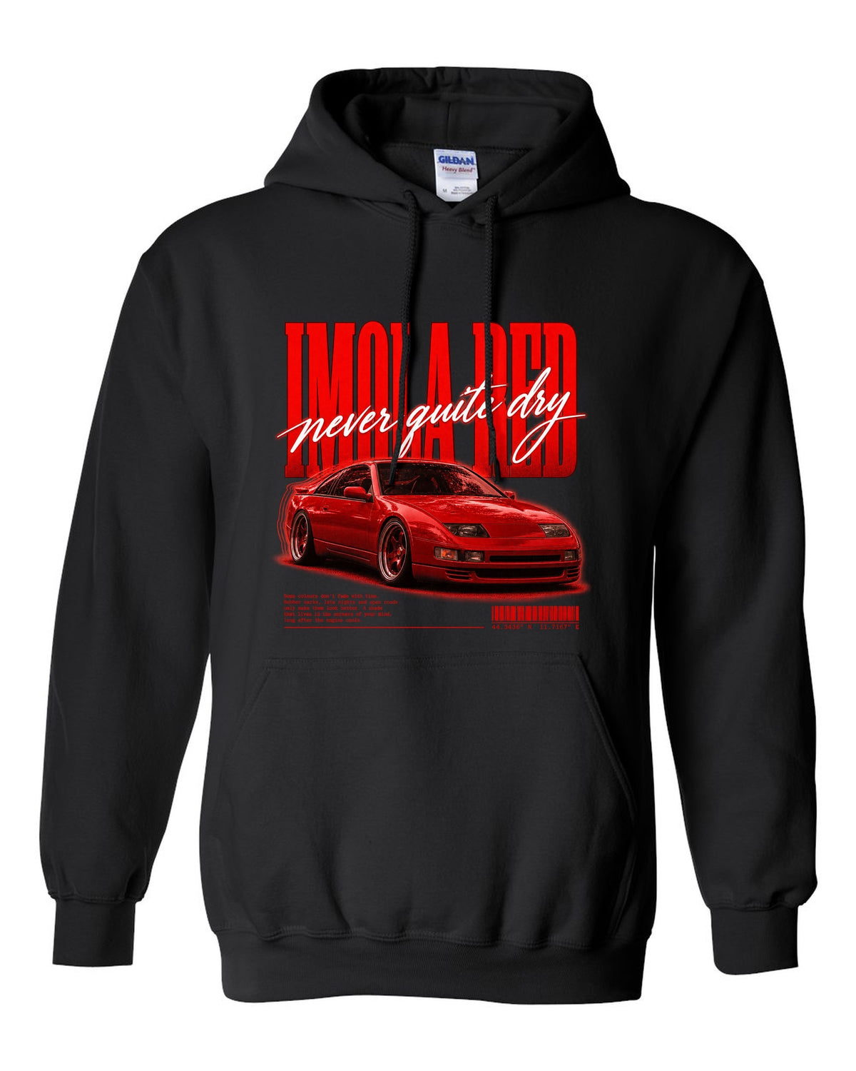 BMW E36 M3 coupe Imola Red street poster print with never quite dry text black pull over hoodie front view with the design