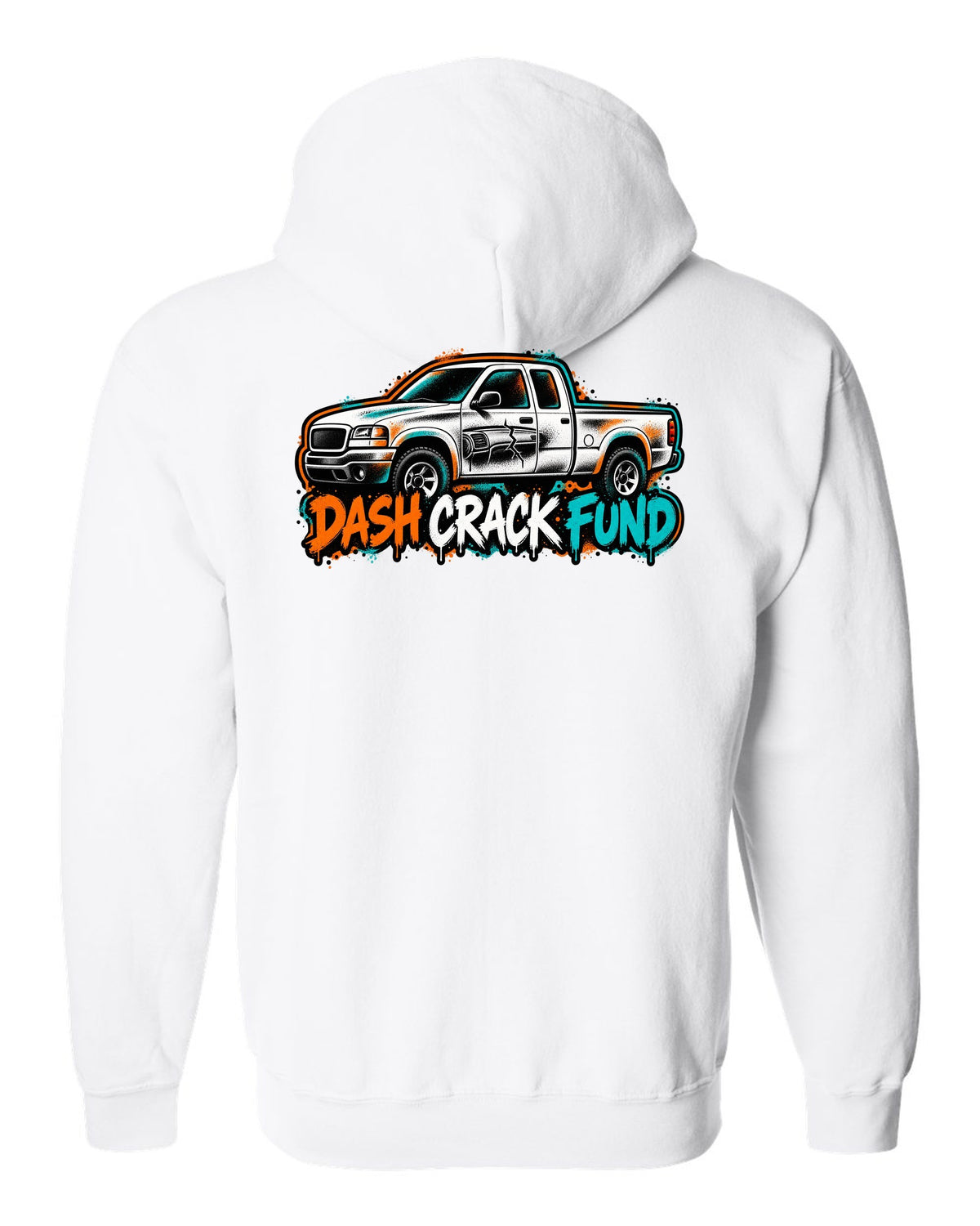 NBS Silverado GMT800 Spray Stencil Tee, Dash Crack Fund white zip hoodie back view with the design