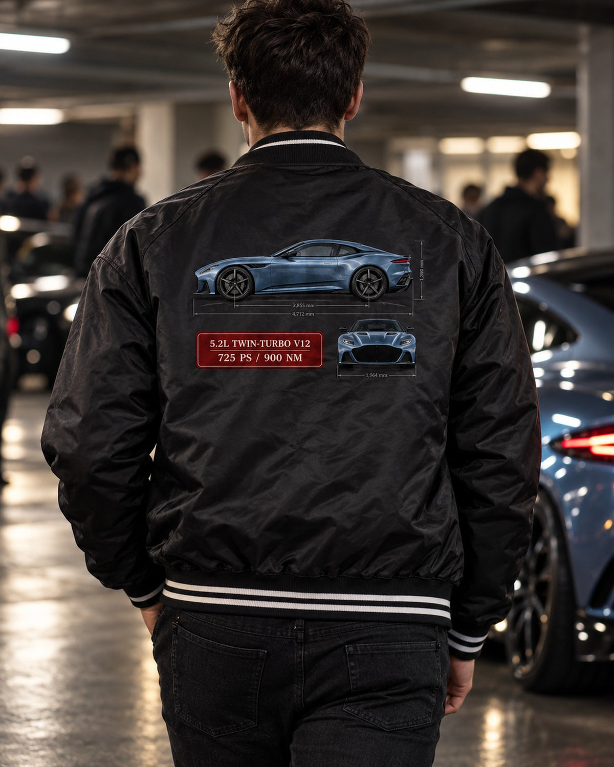 DBS Superleggera Spec Sheet Shirt, Aston Martin 5.2 Twin-Turbo V12 Bomber Jacket Black worn hero