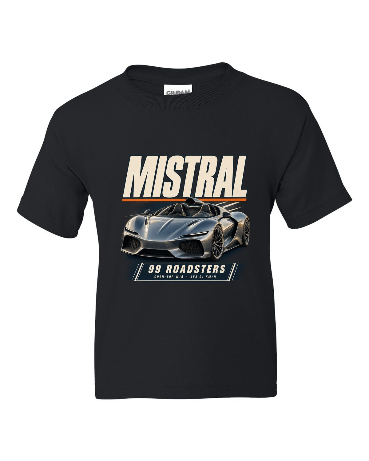 Editorial headline poster of the Bugatti Mistral open-top roadster, print black kids tee front view with the design