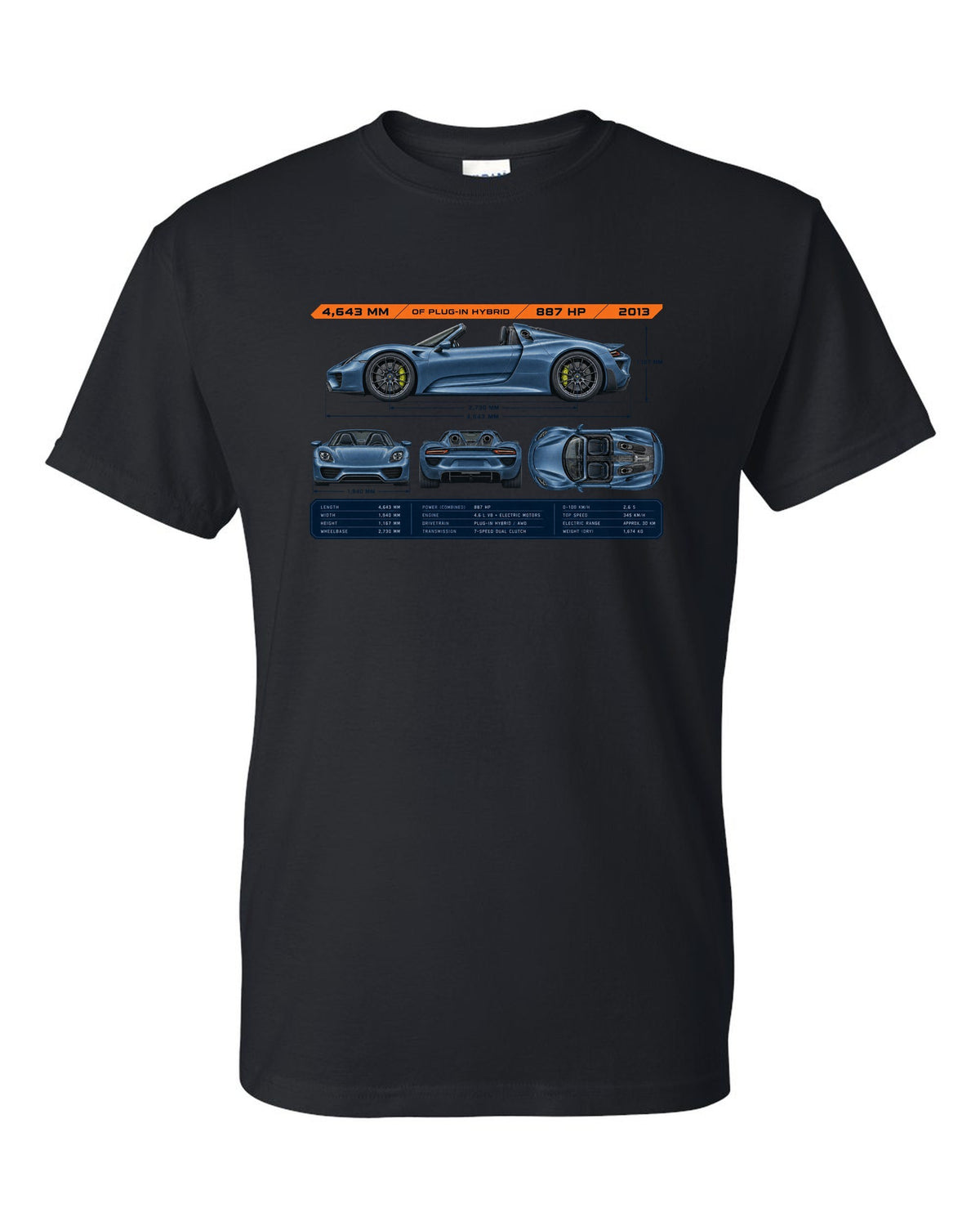 Porsche 918 Spyder dimension blueprint print design black t-shirt front view with the design