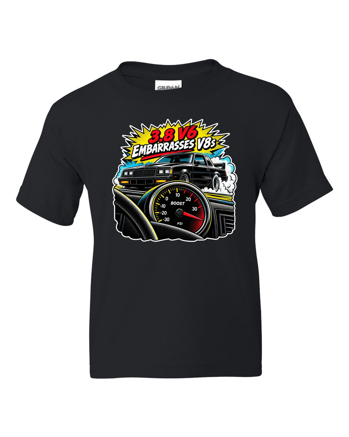 Comic halftone pop-art illustration of a 1987 Buick Grand National with boost gauge and V6 lettering black kids tee front view with the design