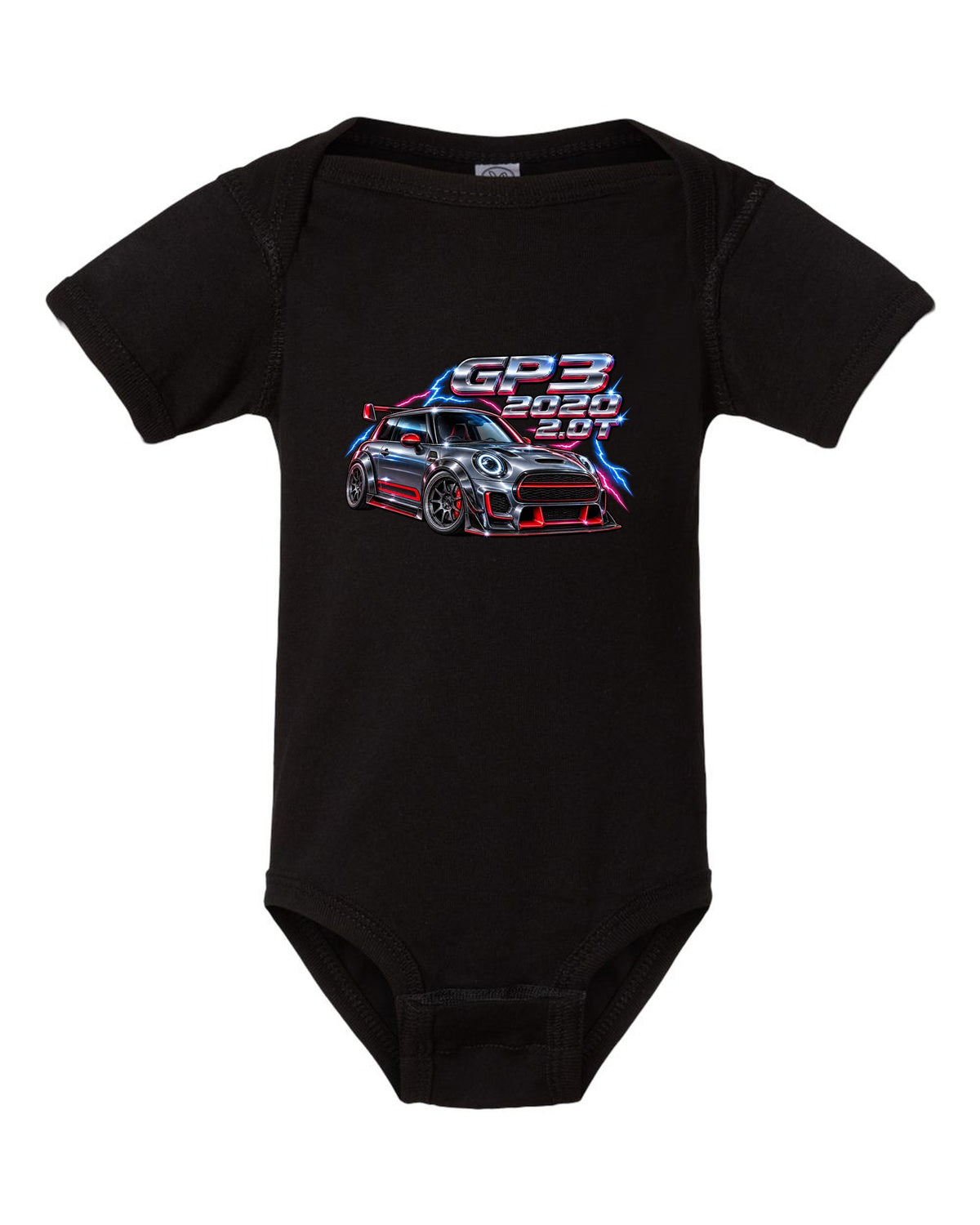 80s airbrush chrome artwork of the Mini JCW GP F56 GP3 black baby onesie front view with the design