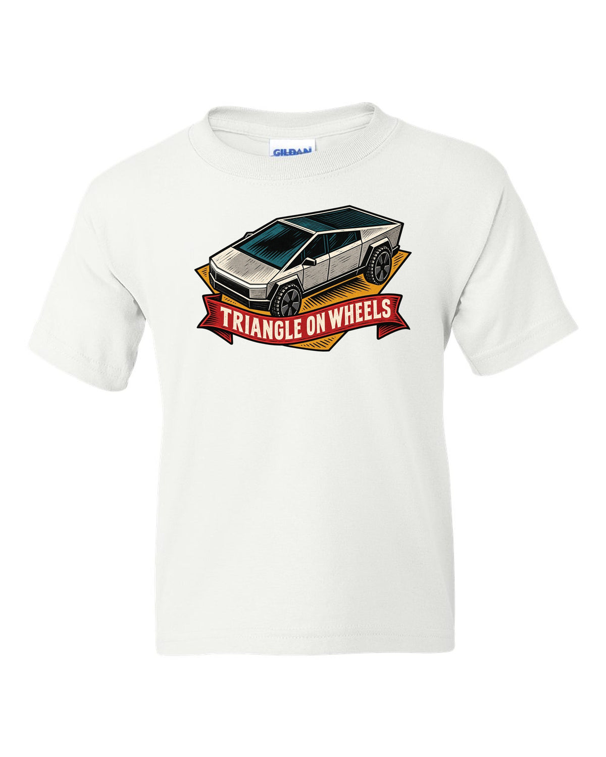 Bold linocut woodblock print of a 2023 Tesla Cybertruck with the words Triangle on Wheels white kids tee front view with the design