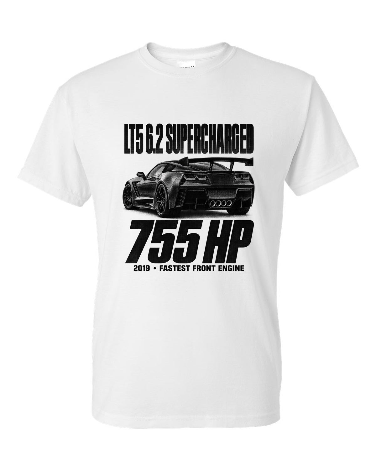 Corvette C7 ZR1 2019 halftone print with rear wing and vents white t-shirt front view with the design