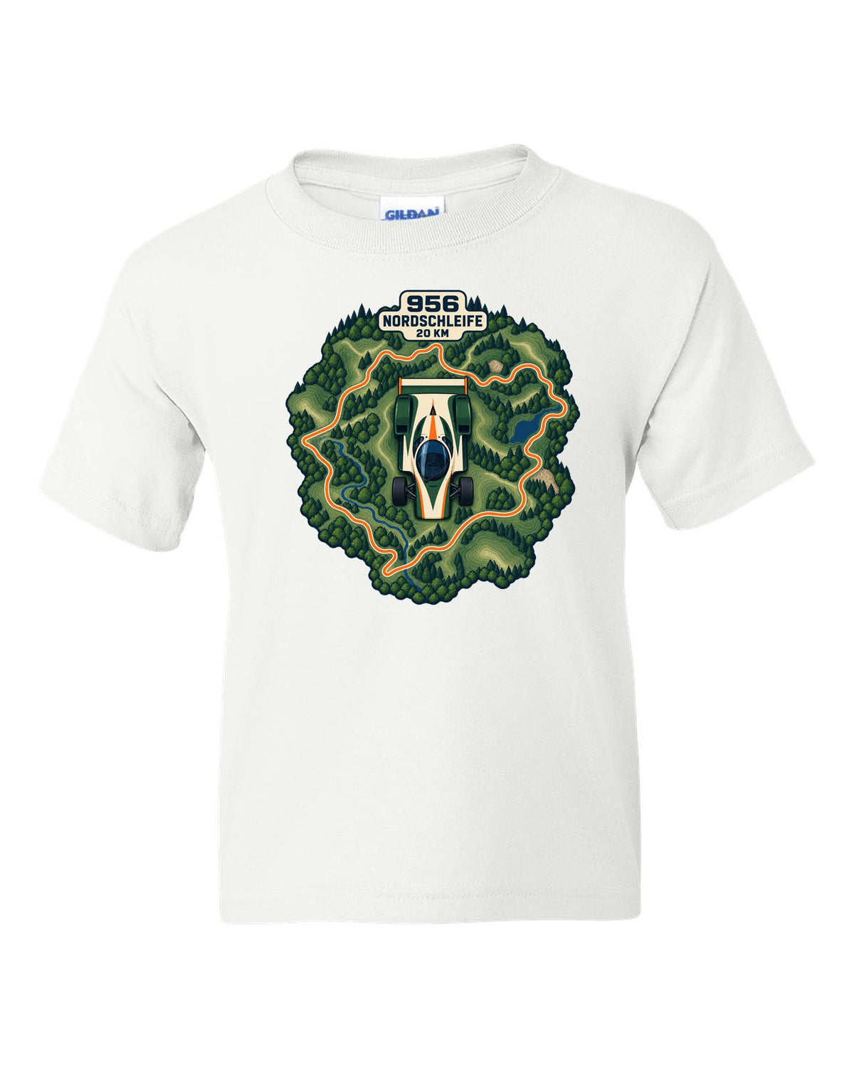 Topographic route map of the Nordschleife with Porsche 956 lettering white kids tee front view with the design
