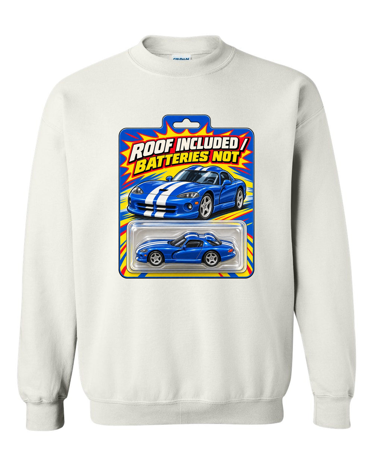 Toy blister-card layout featuring a 1996 Dodge Viper GTS SR II with roof included joke text white crewneck front view with the design