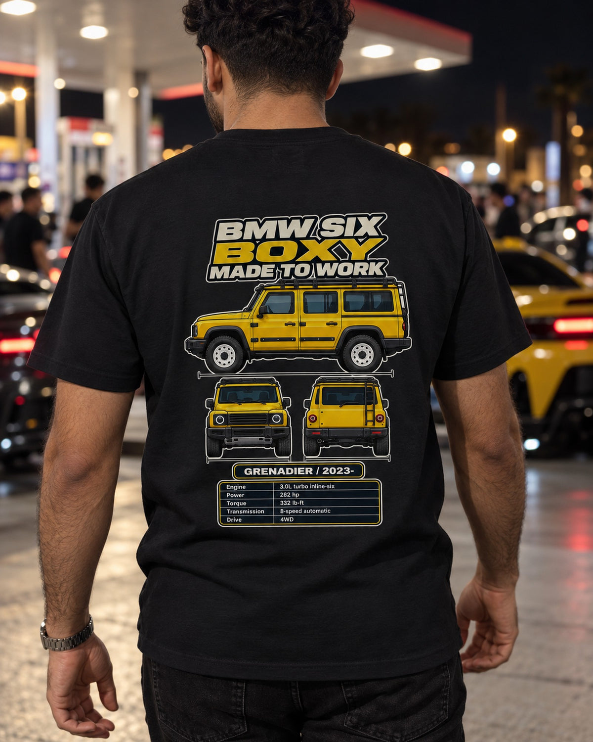 Ineos Grenadier Spec Sheet Full-Back Graphic Tee T-Shirt Black worn hero