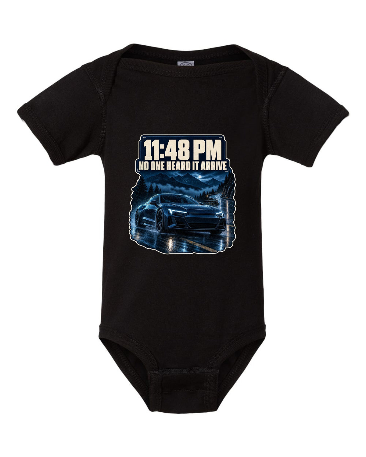 Audi RS e-tron GT on a wet night street blue monochrome print design black baby onesie front view with the design