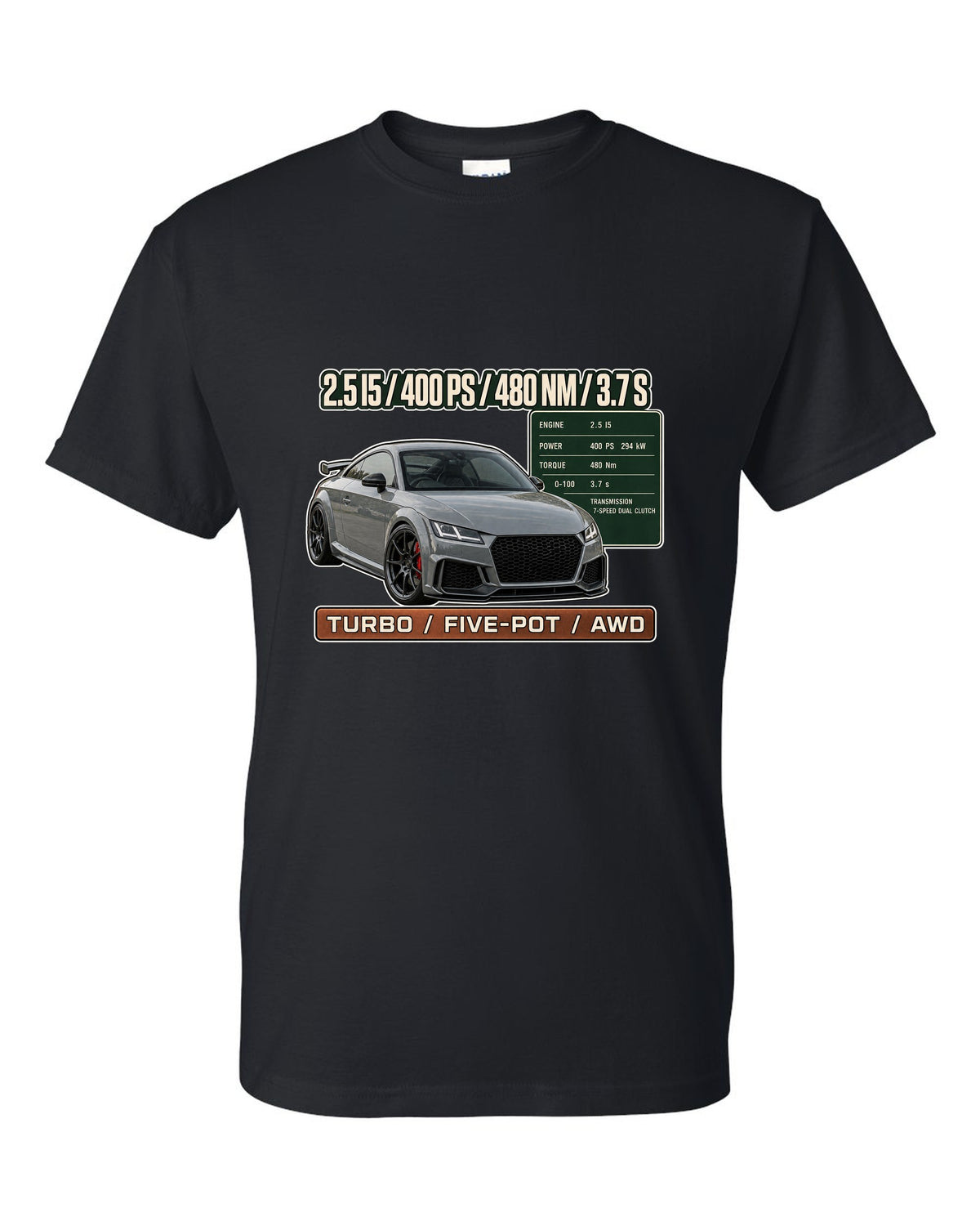 Audi TT RS 8S coupe spec poster print with 400 PS and 480 Nm black t-shirt front view with the design