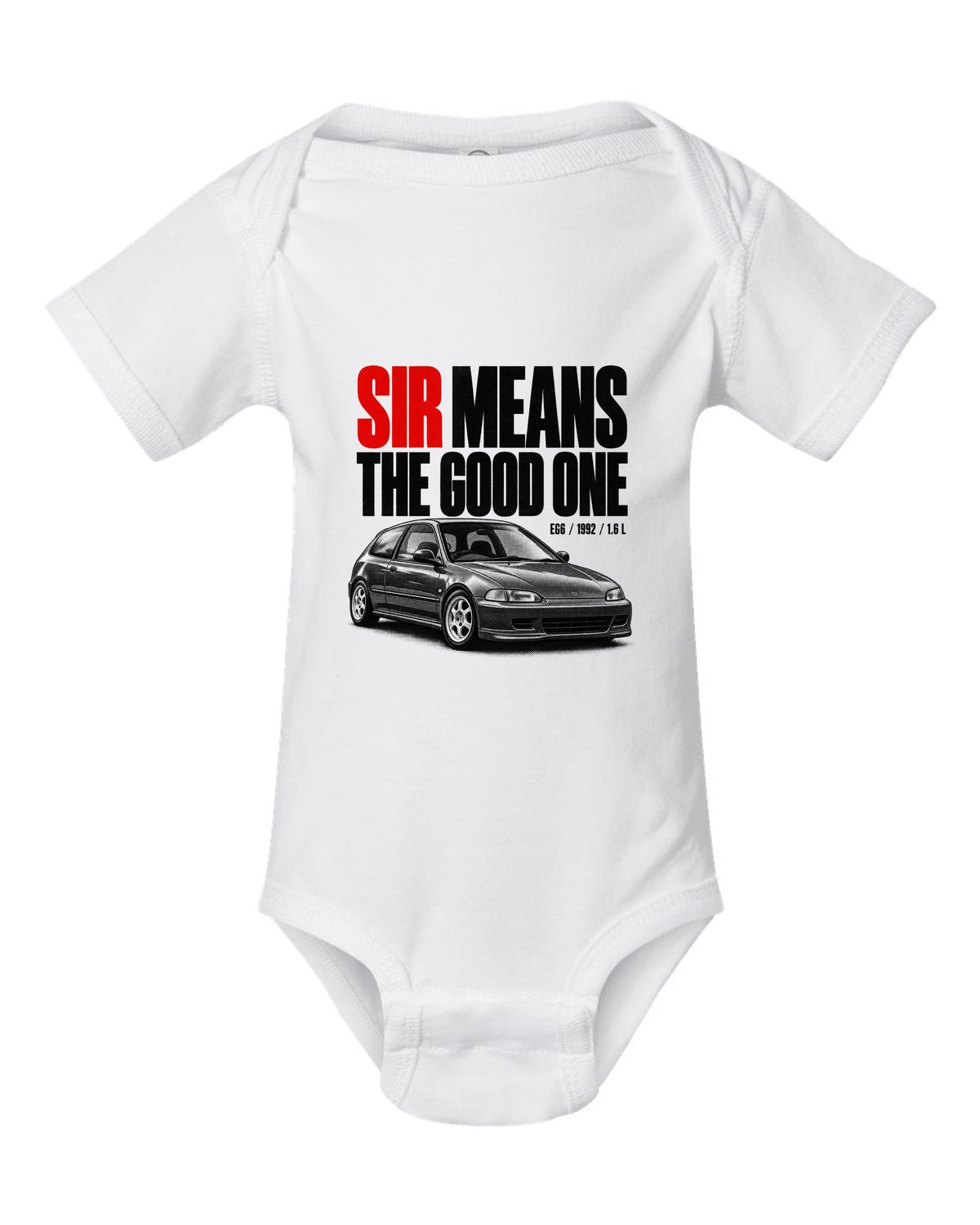 Halftone print of a 1992 Honda Civic EG6 SiR chback with SiR text white baby onesie front view with the design